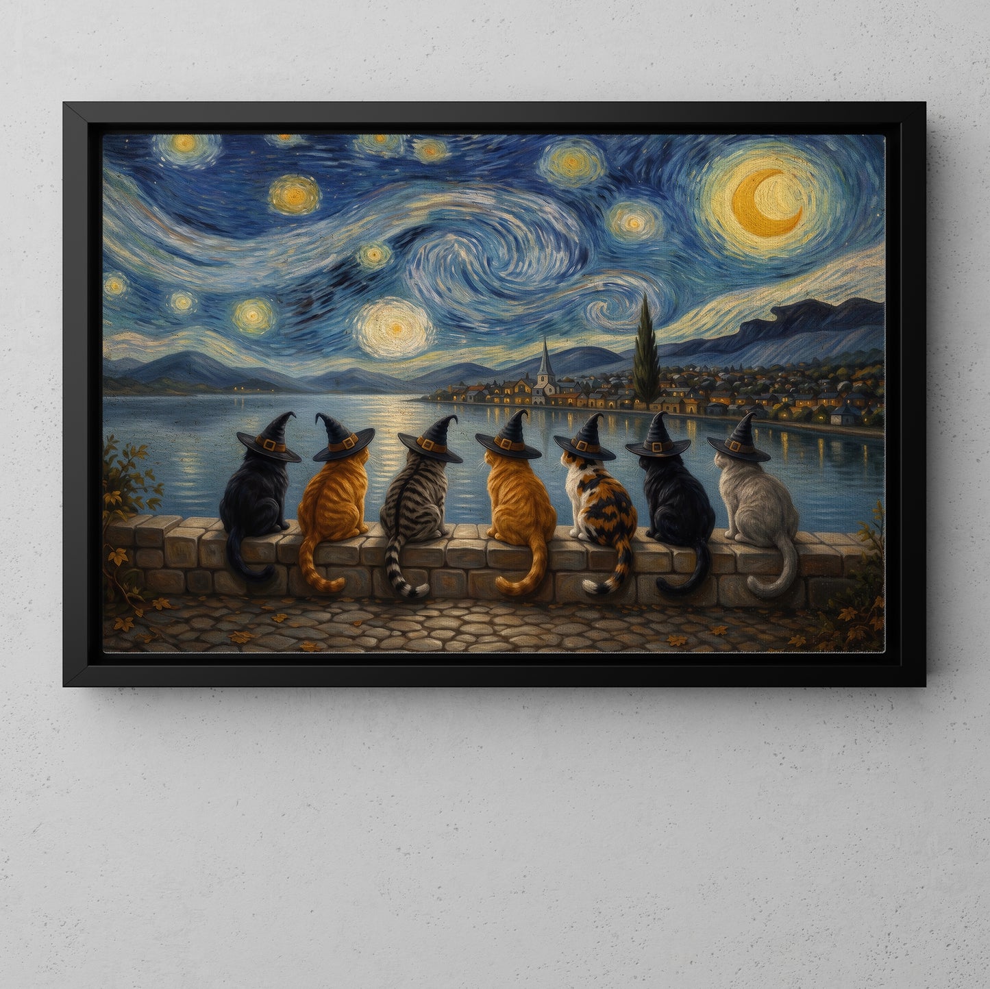 Halloween Impasto Oil Witch Cat Canvas Painting, A Night Beneath The Stars Wall Art Decor, Spooky Season Poster Gift For Cat Lover