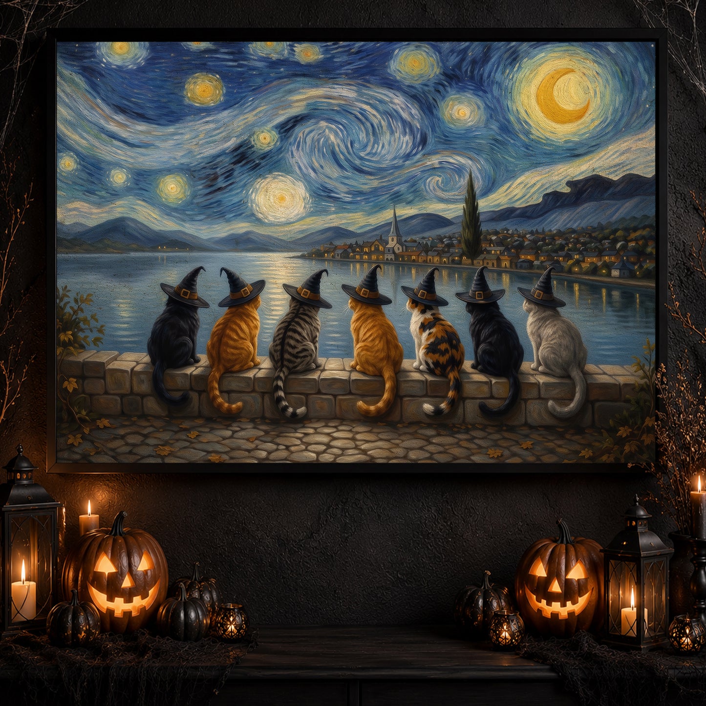 Halloween Impasto Oil Witch Cat Canvas Painting, A Night Beneath The Stars Wall Art Decor, Spooky Season Poster Gift For Cat Lover