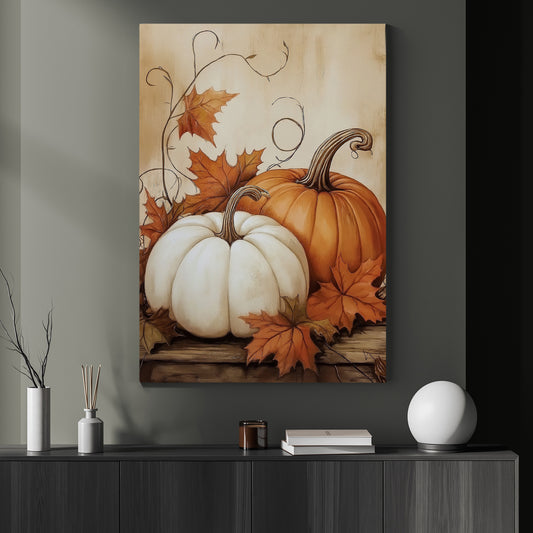 Vintage Pumpkins Canvas Painting, Autumn Stillness Wall Art Decor, Spooky Season Poster Gift For Pumpkins Lover