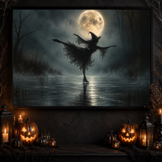 Halloween Ice Skating Witch Canvas Painting, The Witch’s Midnight Skate Wall Art Decor, Spooky Season Poster Gift For Ice Skating Lover