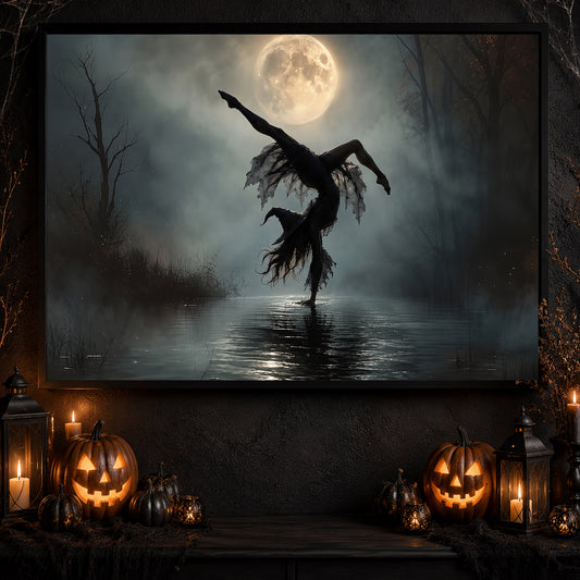 Halloween Gymnastics Witch Canvas Painting, Moonlit Witch Gymnast Wall Art Decor, Spooky Season Poster Gift For Gymnastics Lover
