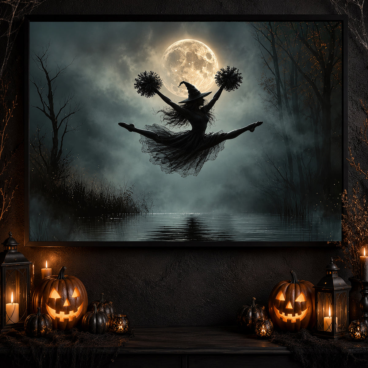 Halloween Cheerleading Witch Canvas Painting, Cheer Under The Full Moon Wall Art Decor, Spooky Season Poster Gift For Cheerleading Lover