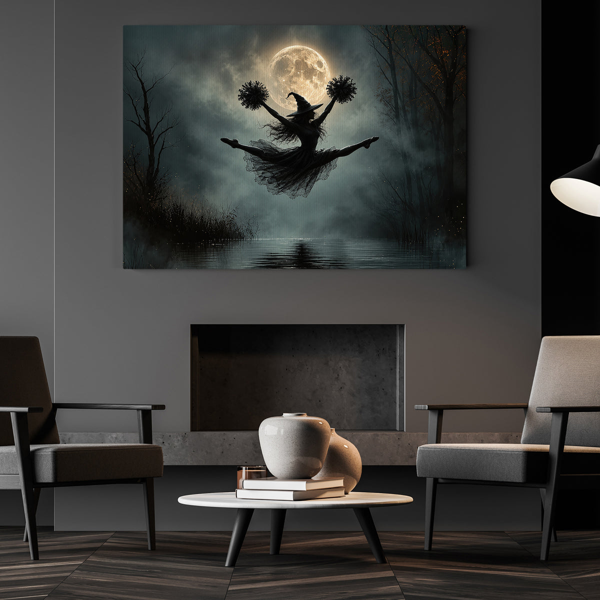 Halloween Cheerleading Witch Canvas Painting, Cheer Under The Full Moon Wall Art Decor, Spooky Season Poster Gift For Cheerleading Lover
