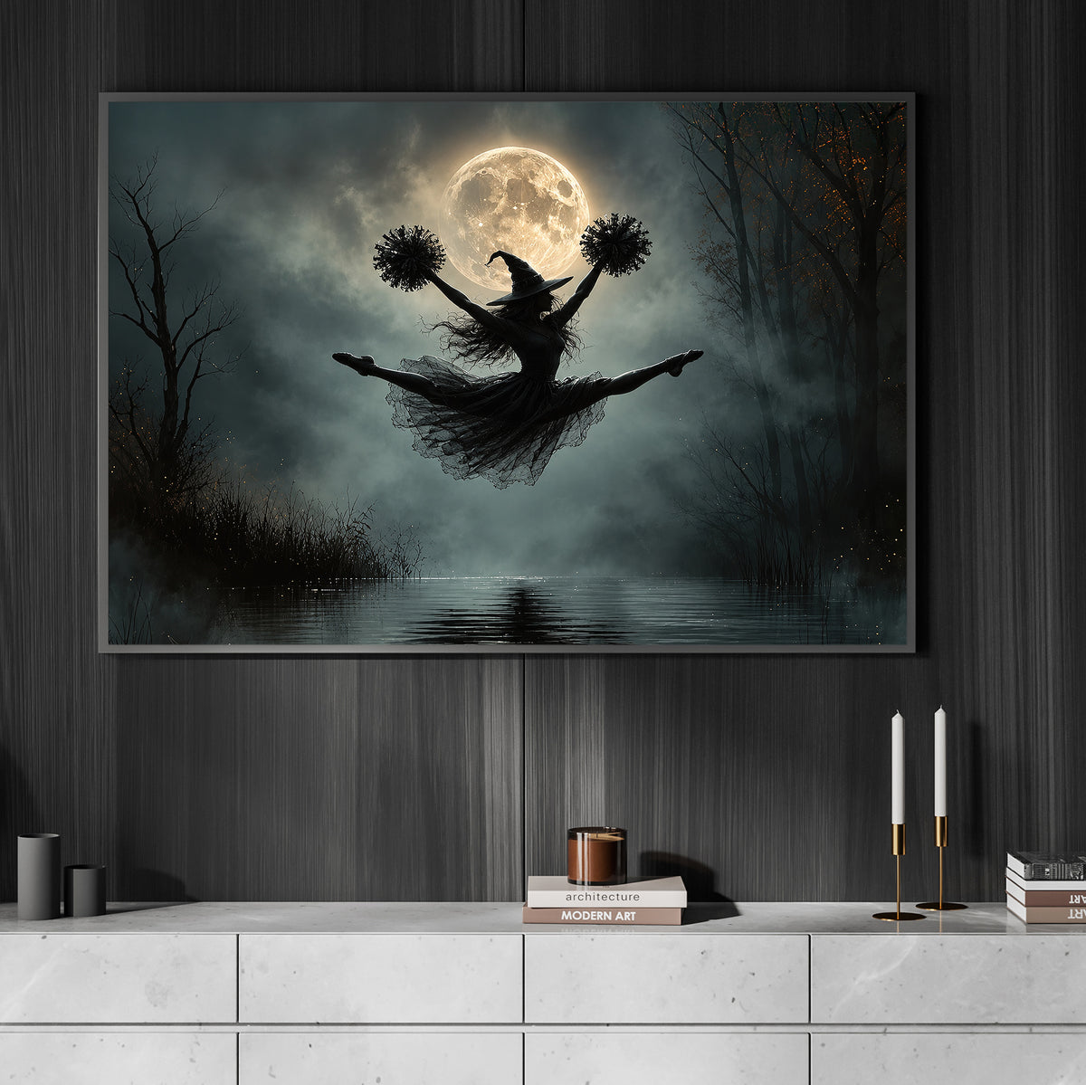 Halloween Cheerleading Witch Canvas Painting, Cheer Under The Full Moon Wall Art Decor, Spooky Season Poster Gift For Cheerleading Lover