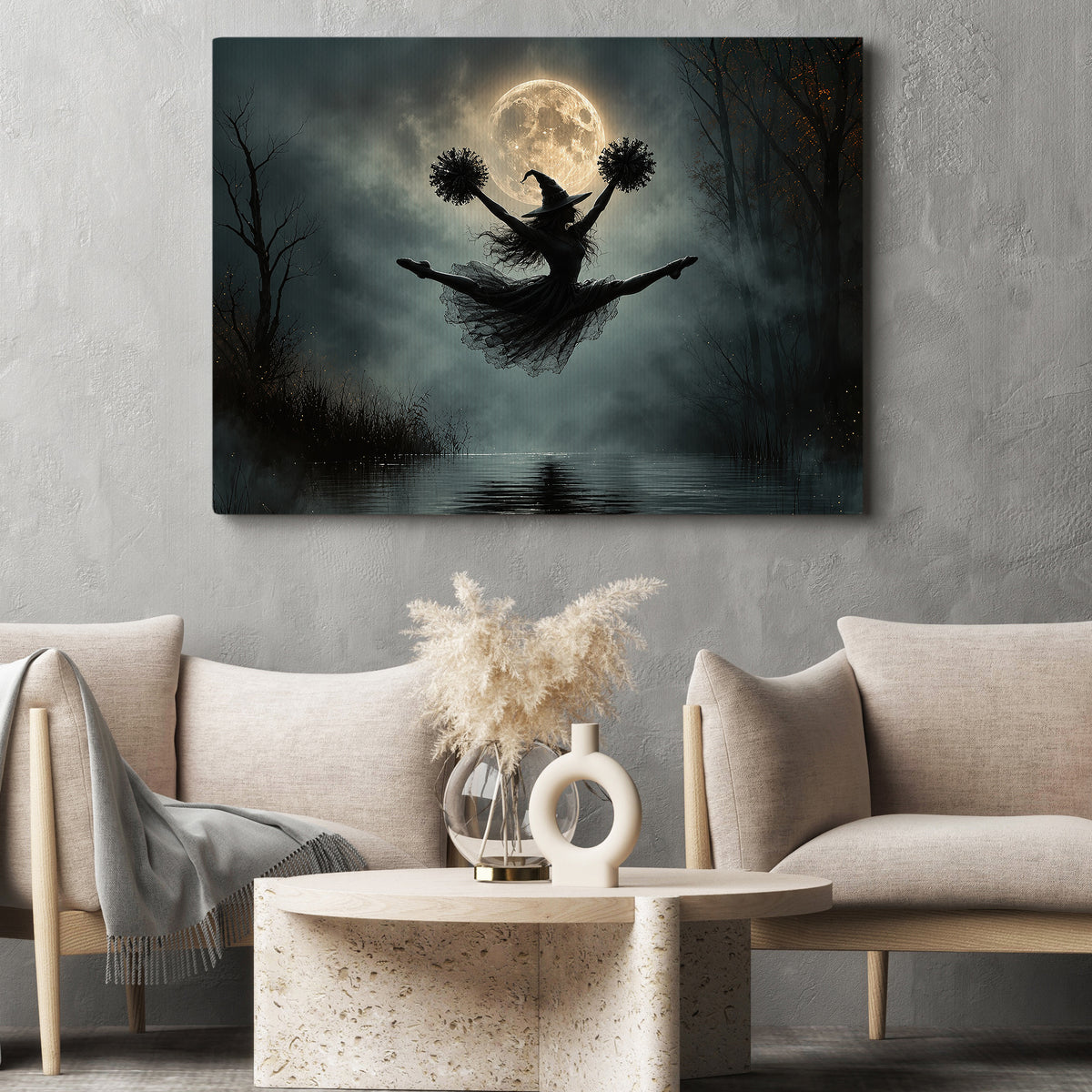 Halloween Cheerleading Witch Canvas Painting, Cheer Under The Full Moon Wall Art Decor, Spooky Season Poster Gift For Cheerleading Lover