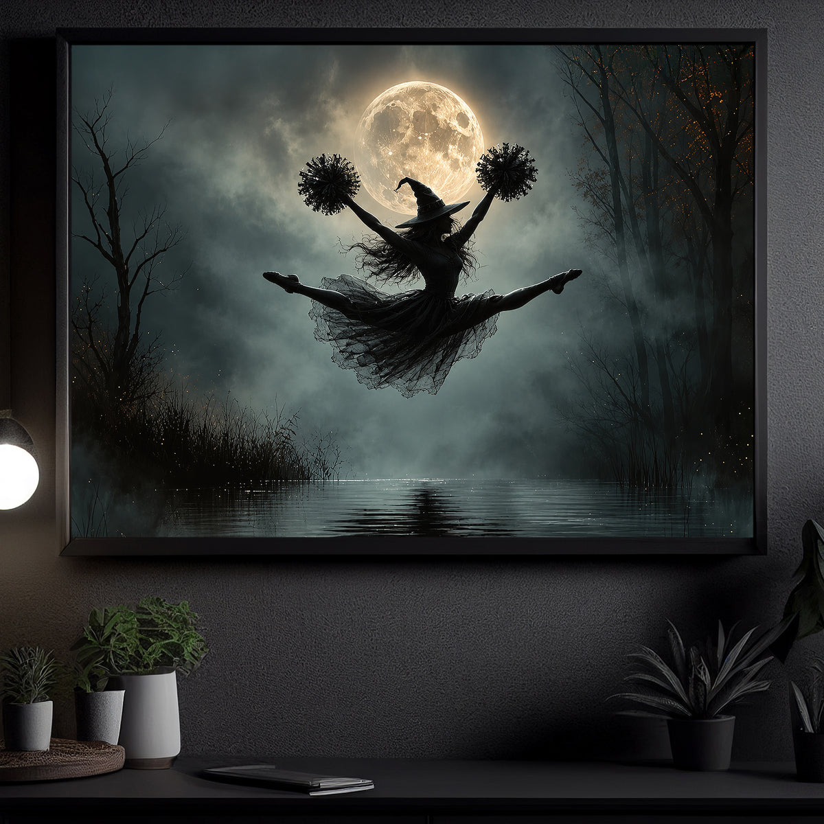 Halloween Cheerleading Witch Canvas Painting, Cheer Under The Full Moon Wall Art Decor, Spooky Season Poster Gift For Cheerleading Lover