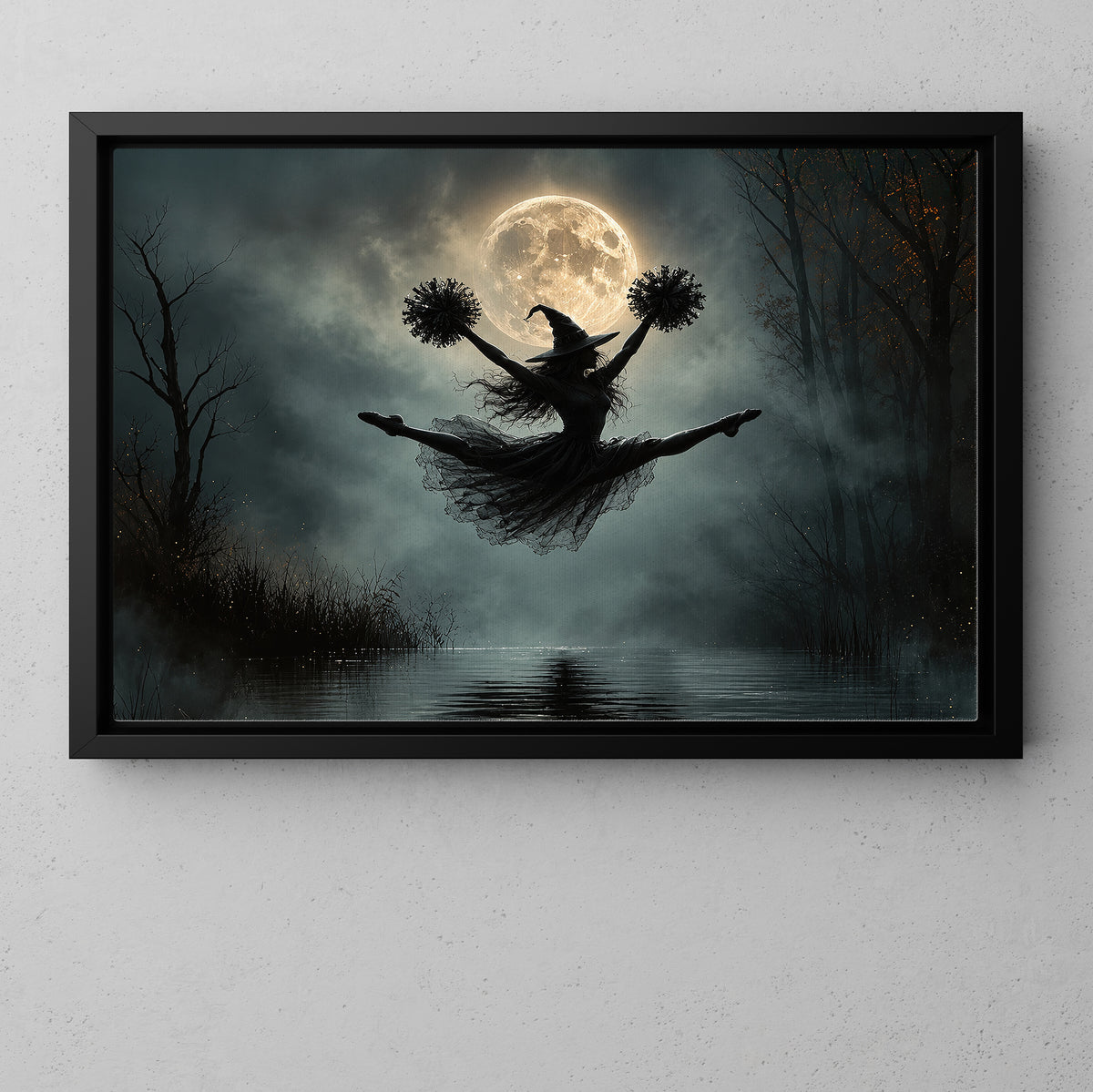 Halloween Cheerleading Witch Canvas Painting, Cheer Under The Full Moon Wall Art Decor, Spooky Season Poster Gift For Cheerleading Lover