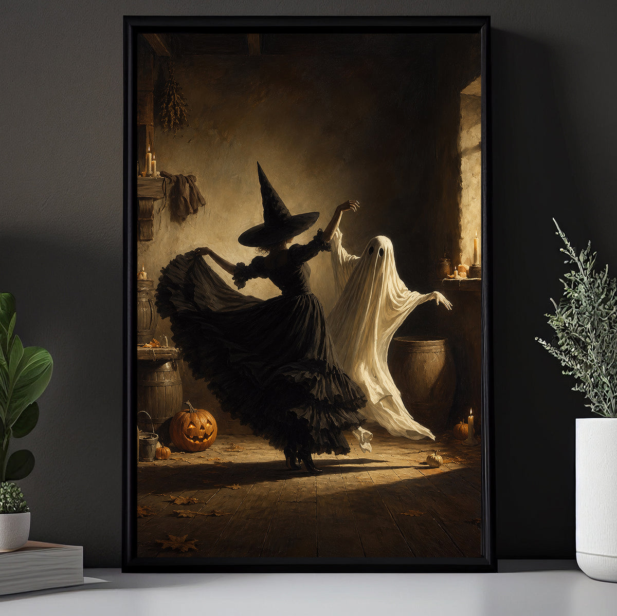 Halloween Witch & Ghost Dancing Canvas Painting, Dancing Halloween Wall Art Decor, Spooky Season Poster Gift