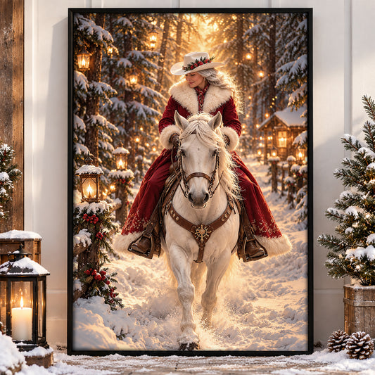 Christmas Western Cowgirl Canvas Painting, Mrs Claus Riding White Horse In Snow Wall Art Decor, Xmas Poster Gift For Cowgirls