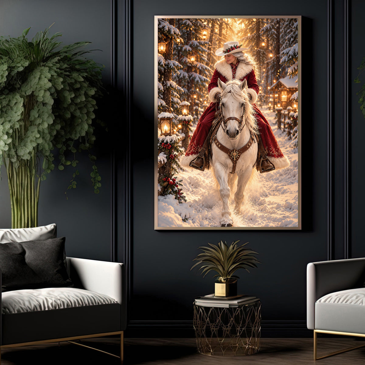 Christmas Western Cowgirl Canvas Painting, Mrs Claus Riding White Horse In Snow Wall Art Decor, Xmas Poster Gift For Cowgirls