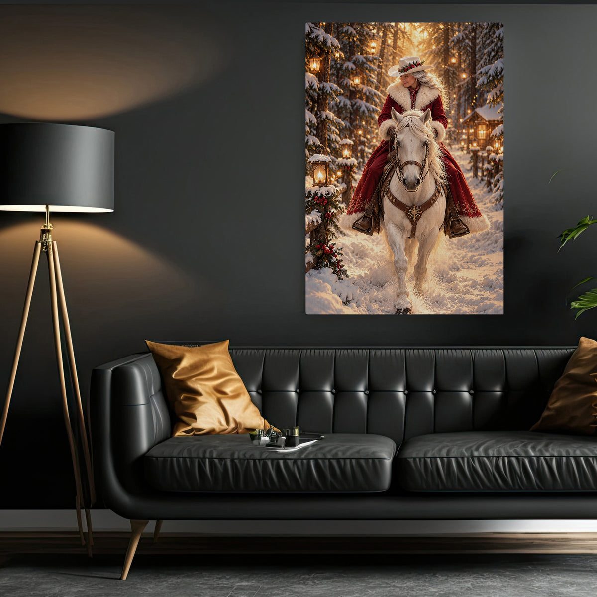 Christmas Western Cowgirl Canvas Painting, Mrs Claus Riding White Horse In Snow Wall Art Decor, Xmas Poster Gift For Cowgirls