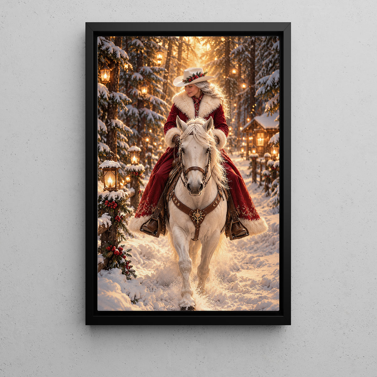 Christmas Western Cowgirl Canvas Painting, Mrs Claus Riding White Horse In Snow Wall Art Decor, Xmas Poster Gift For Cowgirls