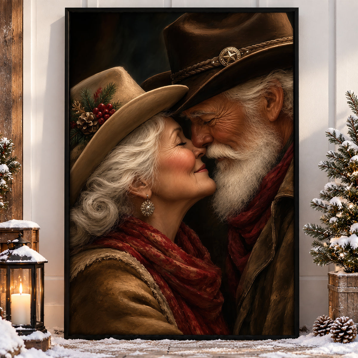 Romantic Christmas Western Santa And Mrs Claus Canvas Painting, A Cowboy Christmas Love Story Wall Art Decor, Xmas Poster Gift For Couple