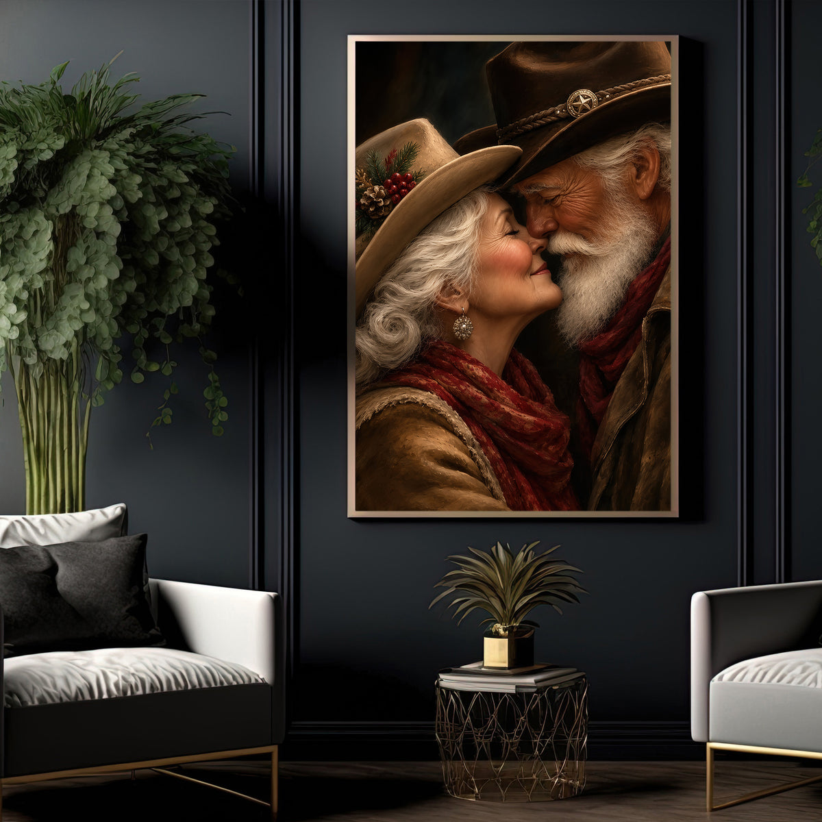 Romantic Christmas Western Santa And Mrs Claus Canvas Painting, A Cowboy Christmas Love Story Wall Art Decor, Xmas Poster Gift For Couple