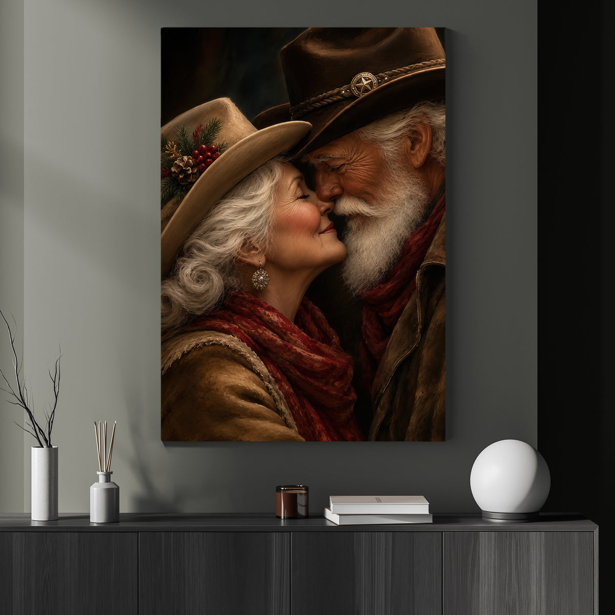Romantic Christmas Western Santa And Mrs Claus Canvas Painting, A Cowboy Christmas Love Story Wall Art Decor, Xmas Poster Gift For Couple