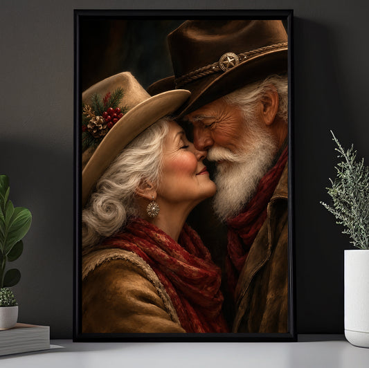 Romantic Christmas Western Santa And Mrs Claus Canvas Painting, A Cowboy Christmas Love Story Wall Art Decor, Xmas Poster Gift For Couple