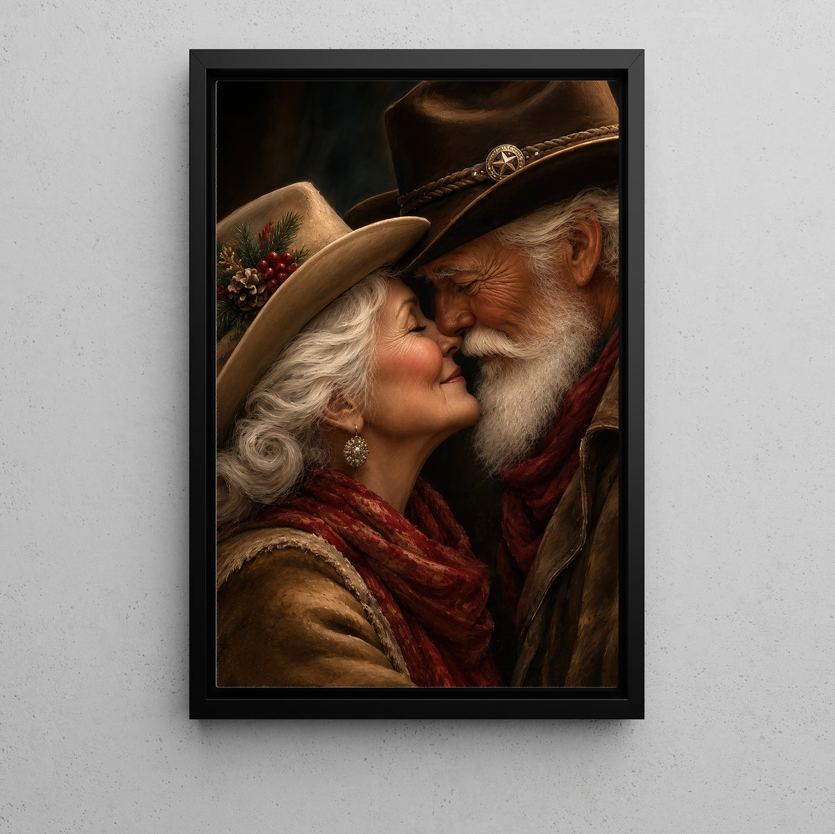 Romantic Christmas Western Santa And Mrs Claus Canvas Painting, A Cowboy Christmas Love Story Wall Art Decor, Xmas Poster Gift For Couple