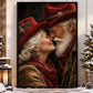 Romantic Christmas Santa Couple Canvas Painting, Christmas Kisses Under Cowboy Hats Wall Art Decor, Xmas Poster Gift For Cowboys