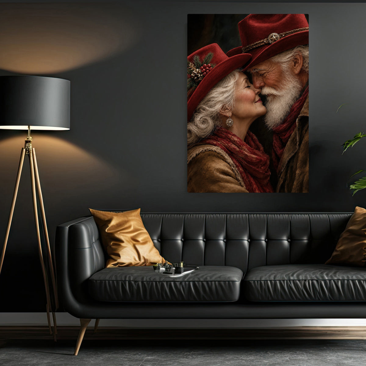Romantic Christmas Santa Couple Canvas Painting, Christmas Kisses Under Cowboy Hats Wall Art Decor, Xmas Poster Gift For Cowboys