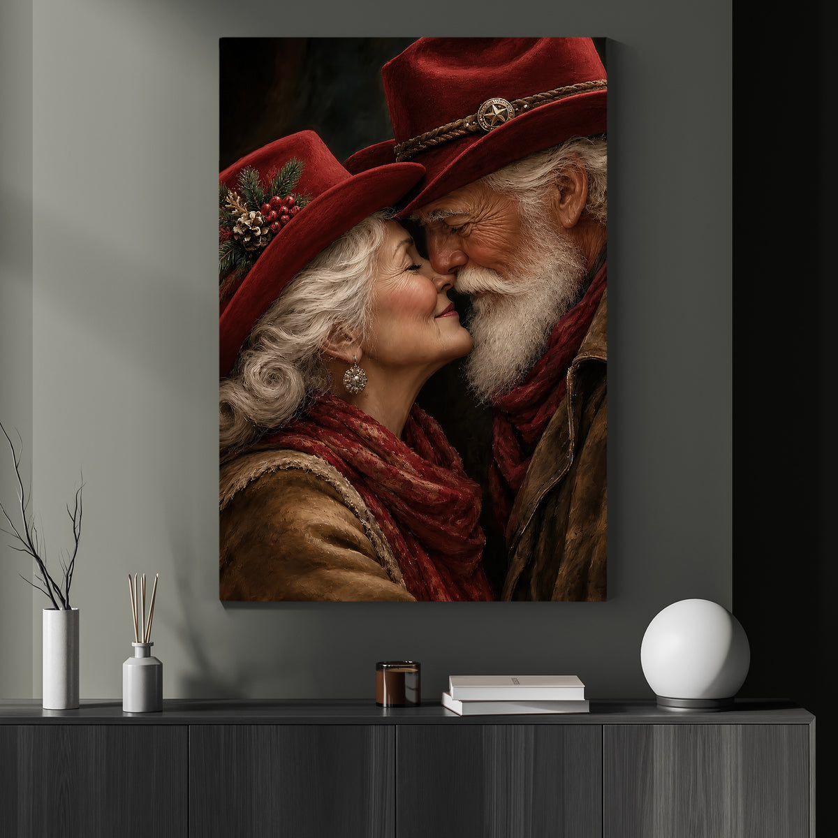 Romantic Christmas Santa Couple Canvas Painting, Christmas Kisses Under Cowboy Hats Wall Art Decor, Xmas Poster Gift For Cowboys