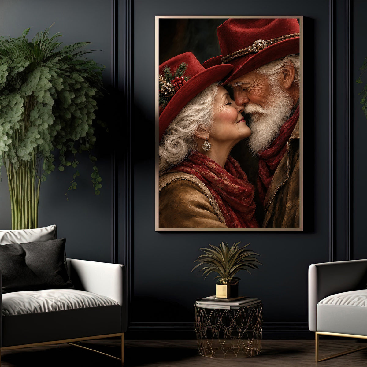 Romantic Christmas Santa Couple Canvas Painting, Christmas Kisses Under Cowboy Hats Wall Art Decor, Xmas Poster Gift For Cowboys