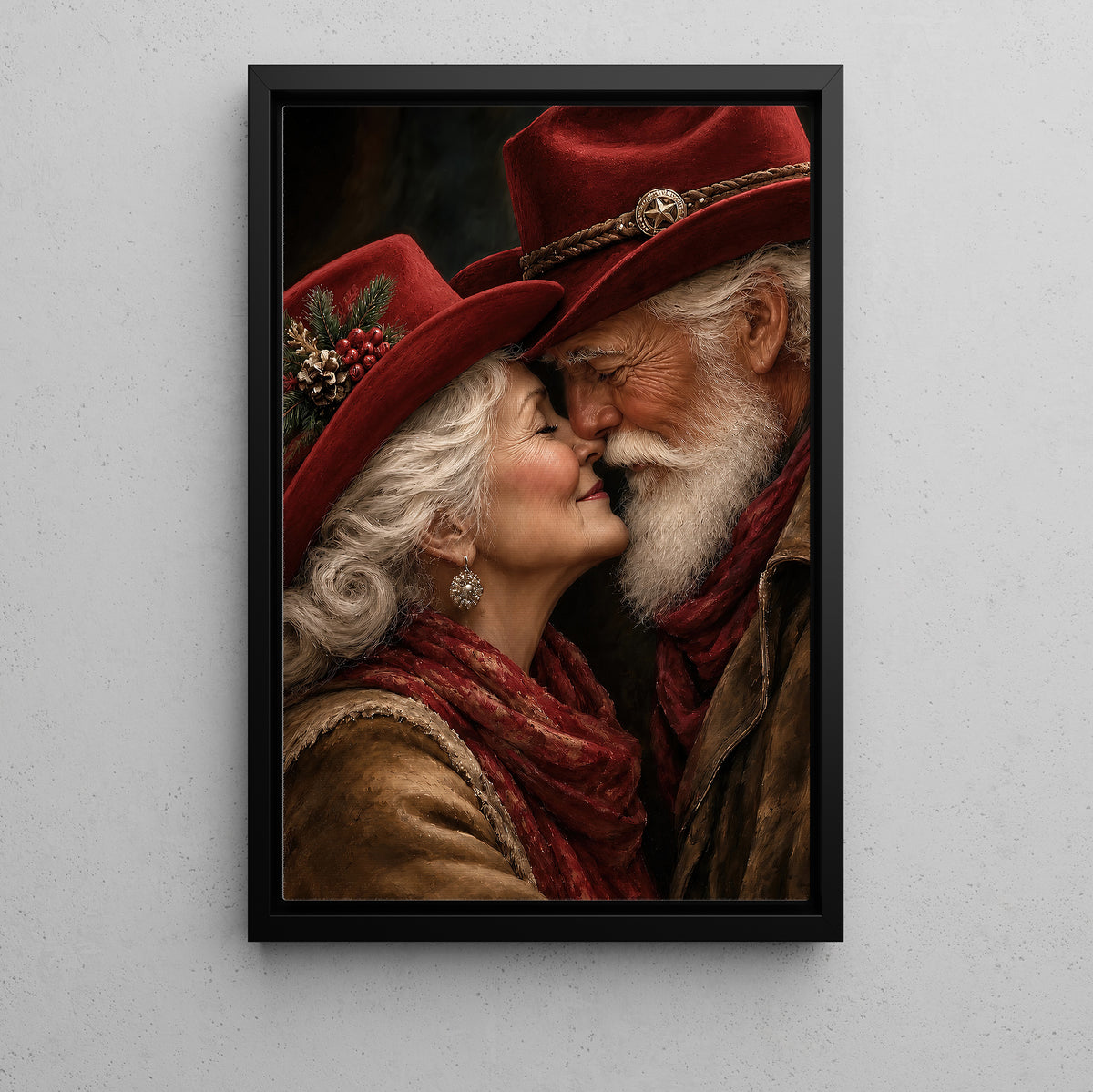 Romantic Christmas Santa Couple Canvas Painting, Christmas Kisses Under Cowboy Hats Wall Art Decor, Xmas Poster Gift For Cowboys