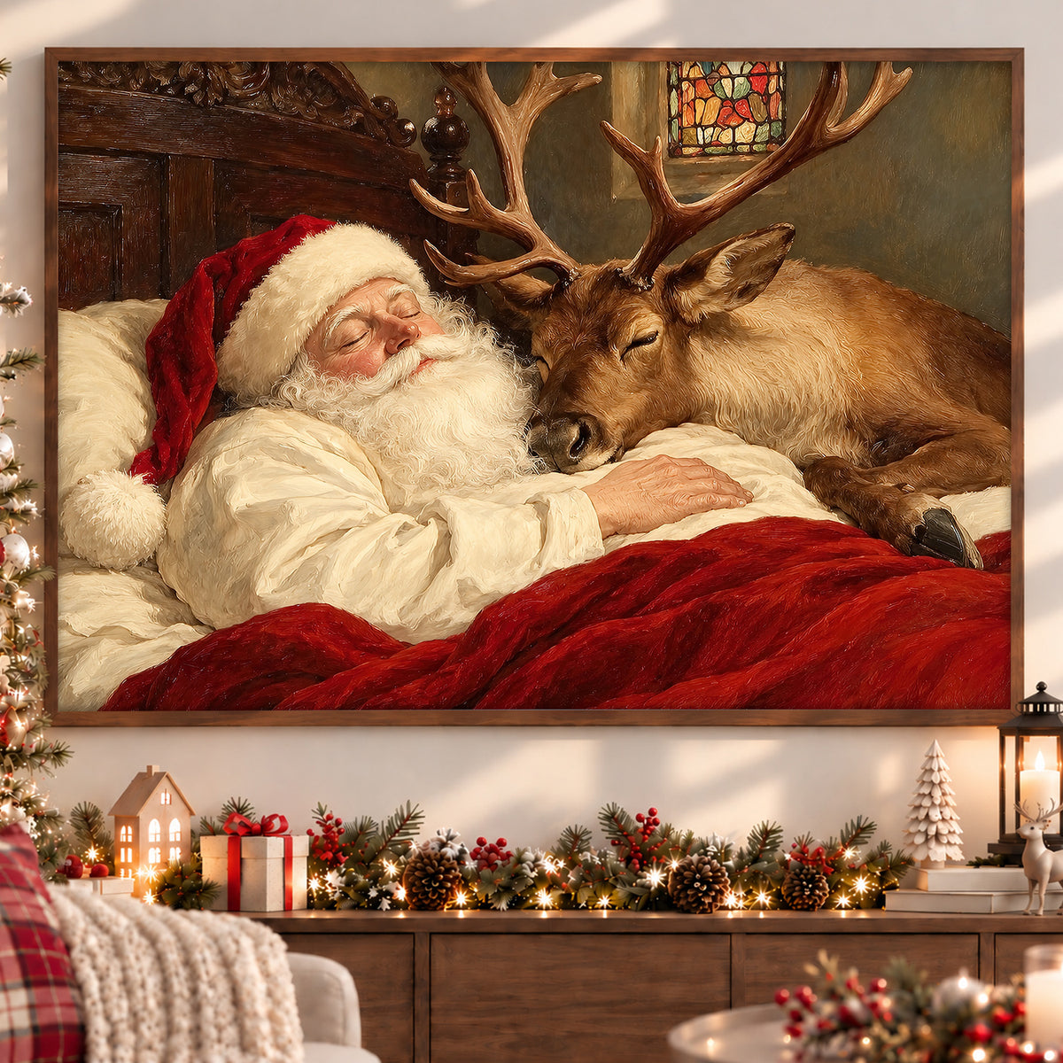 Christmas Santa And Reindeer Canvas Painting, Santa Sleeping With Deer Wall Art Decor, Xmas Poster Gift For Reindeer Lover