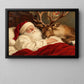 Christmas Santa And Reindeer Canvas Painting, Santa Sleeping With Deer Wall Art Decor, Xmas Poster Gift For Reindeer Lover