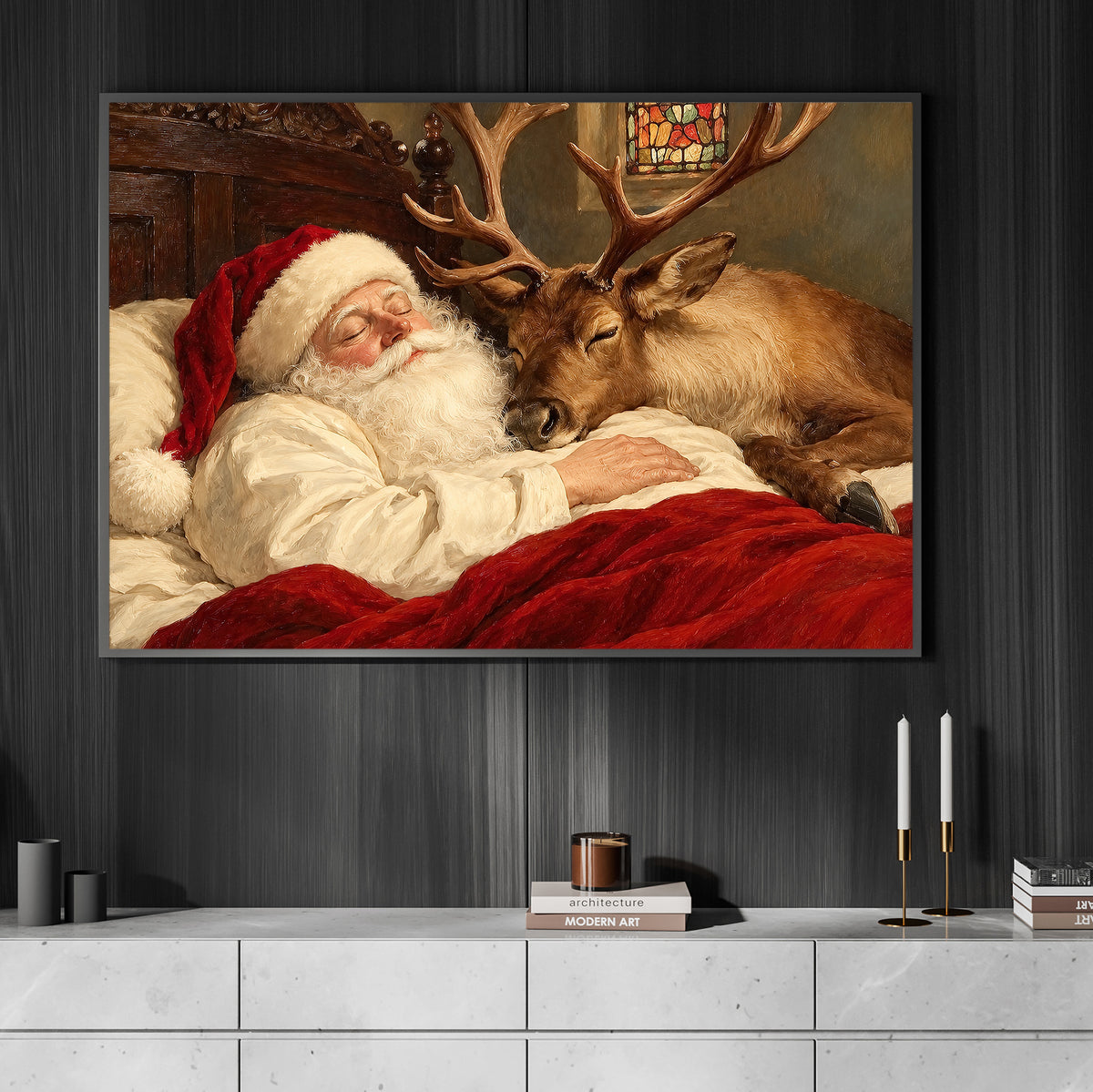 Christmas Santa And Reindeer Canvas Painting, Santa Sleeping With Deer Wall Art Decor, Xmas Poster Gift For Reindeer Lover