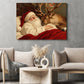 Christmas Santa And Reindeer Canvas Painting, Santa Sleeping With Deer Wall Art Decor, Xmas Poster Gift For Reindeer Lover