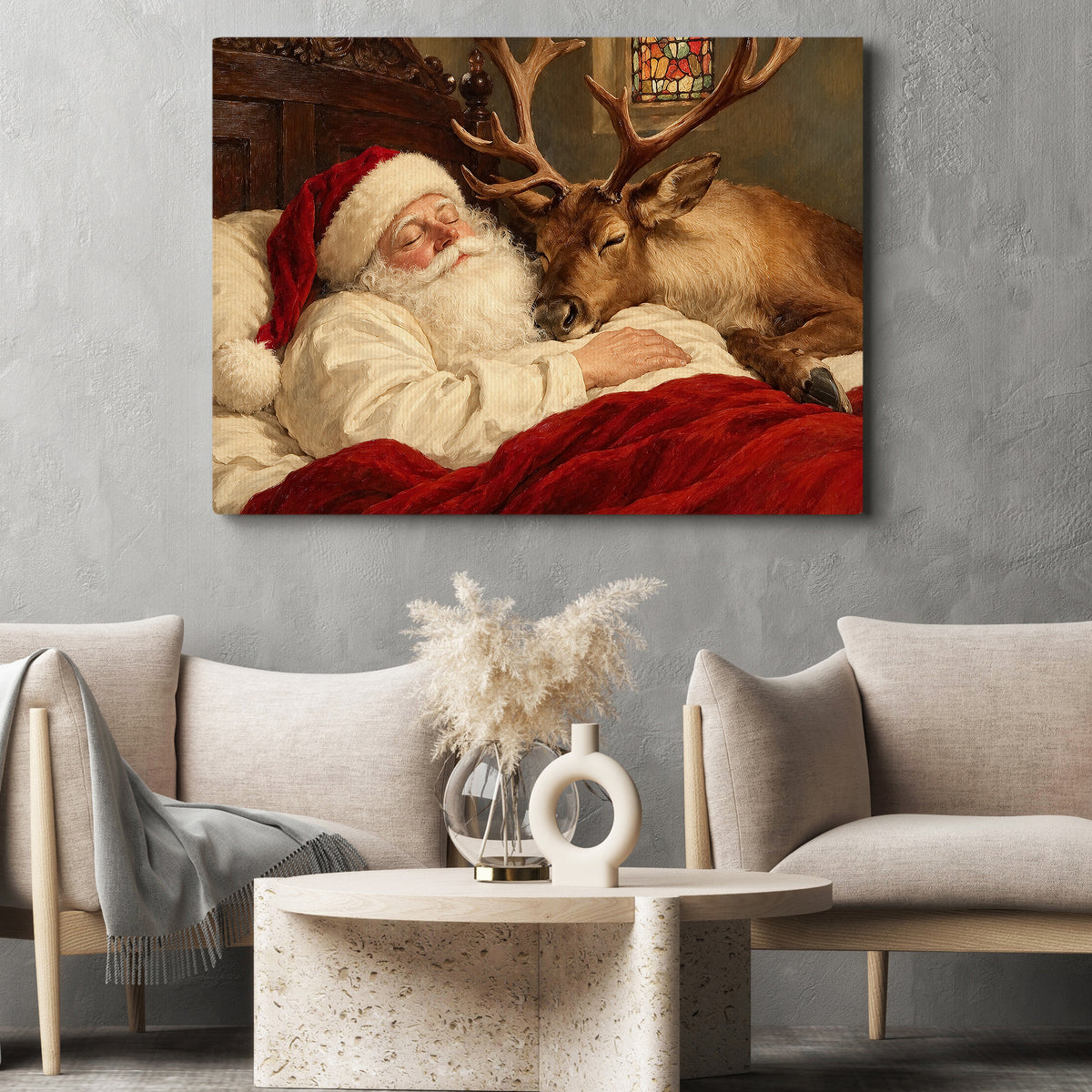 Christmas Santa And Reindeer Canvas Painting, Santa Sleeping With Deer Wall Art Decor, Xmas Poster Gift For Reindeer Lover
