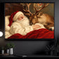 Christmas Santa And Reindeer Canvas Painting, Santa Sleeping With Deer Wall Art Decor, Xmas Poster Gift For Reindeer Lover