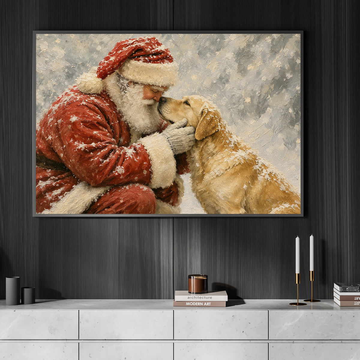 Christmas Santa And Golden Retriever Dog Canvas Painting, Santa's Best Friend Wall Art Decor, Xmas Poster Gift For Dog Lover