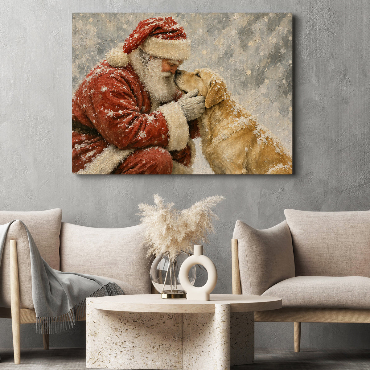 Christmas Santa And Golden Retriever Dog Canvas Painting, Santa's Best Friend Wall Art Decor, Xmas Poster Gift For Dog Lover