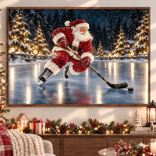 Christmas Hockey Santa Canvas Painting, Santa Claus Playing Ice Hockey Wall Art Decor, Xmas Poster Gift For Hockey Lover