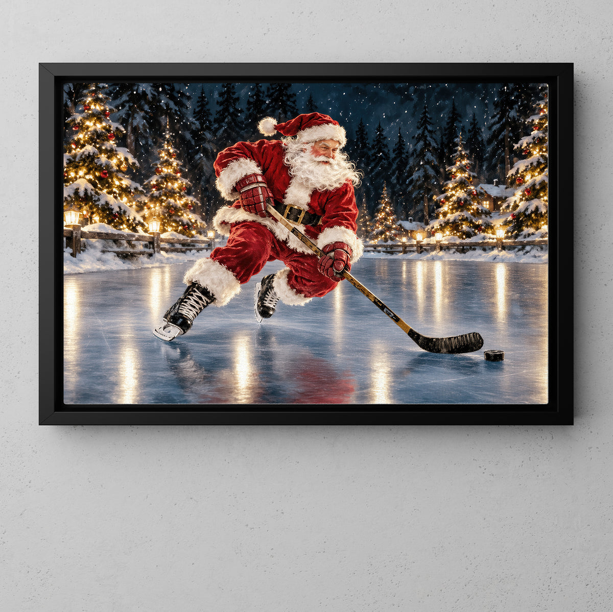 Christmas Hockey Santa Canvas Painting, Santa Claus Playing Ice Hockey Wall Art Decor, Xmas Poster Gift For Hockey Lover
