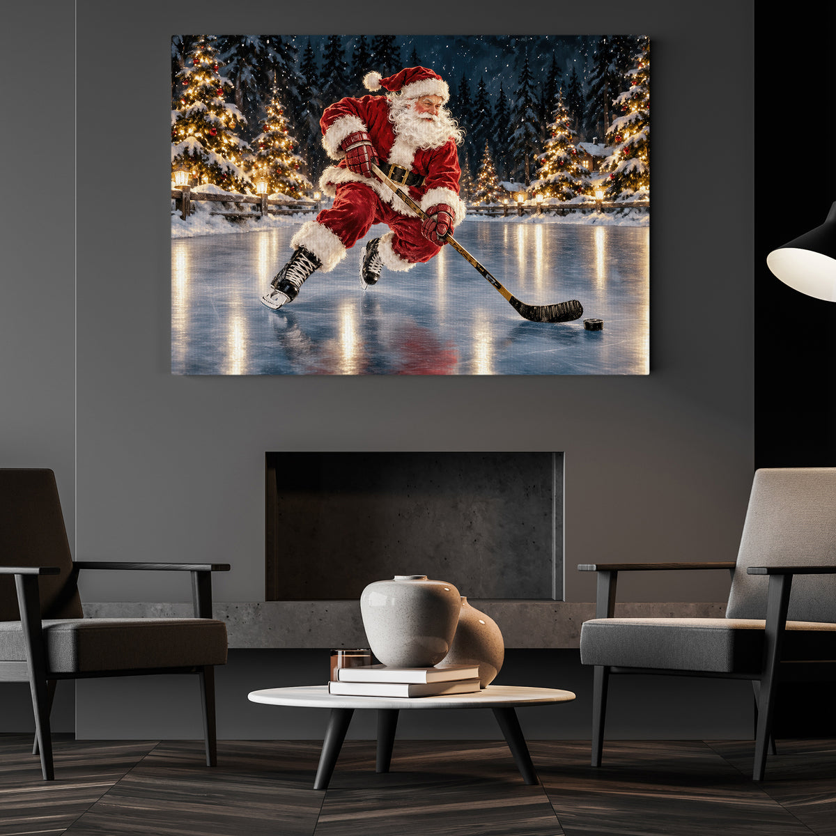 Christmas Hockey Santa Canvas Painting, Santa Claus Playing Ice Hockey Wall Art Decor, Xmas Poster Gift For Hockey Lover