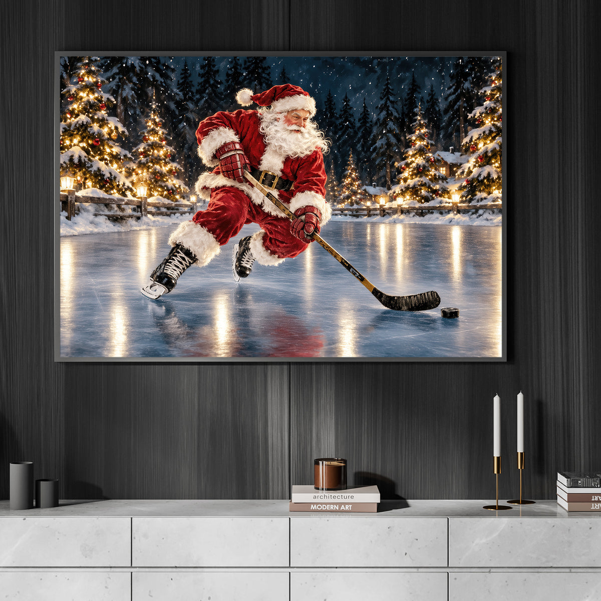 Christmas Hockey Santa Canvas Painting, Santa Claus Playing Ice Hockey Wall Art Decor, Xmas Poster Gift For Hockey Lover