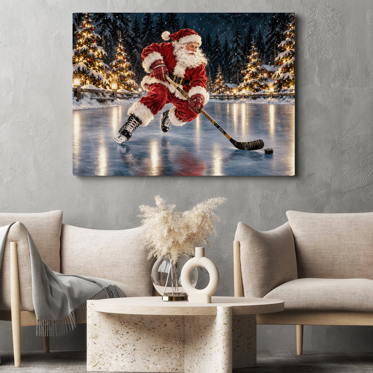 Christmas Hockey Santa Canvas Painting, Santa Claus Playing Ice Hockey Wall Art Decor, Xmas Poster Gift For Hockey Lover