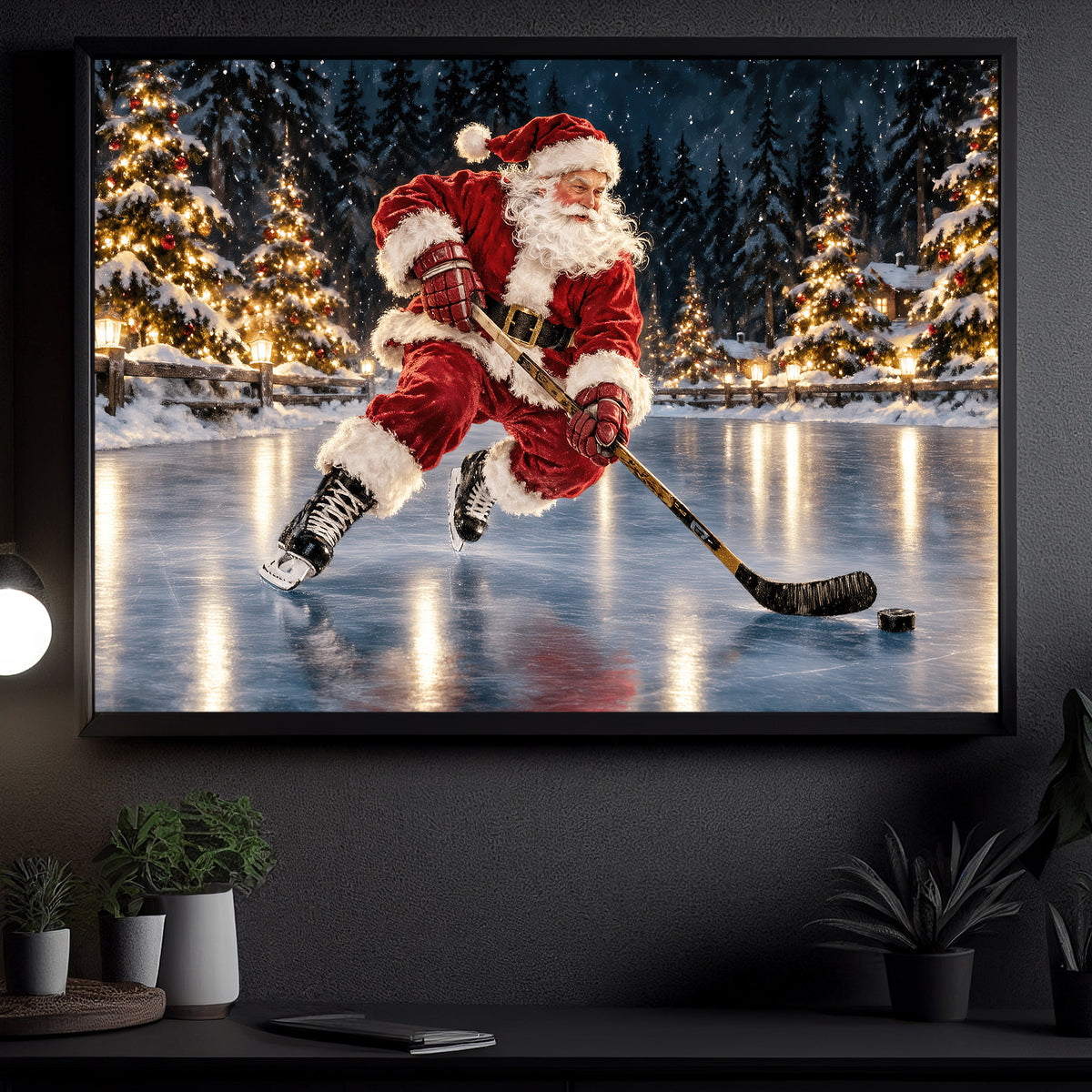 Christmas Hockey Santa Canvas Painting, Santa Claus Playing Ice Hockey Wall Art Decor, Xmas Poster Gift For Hockey Lover
