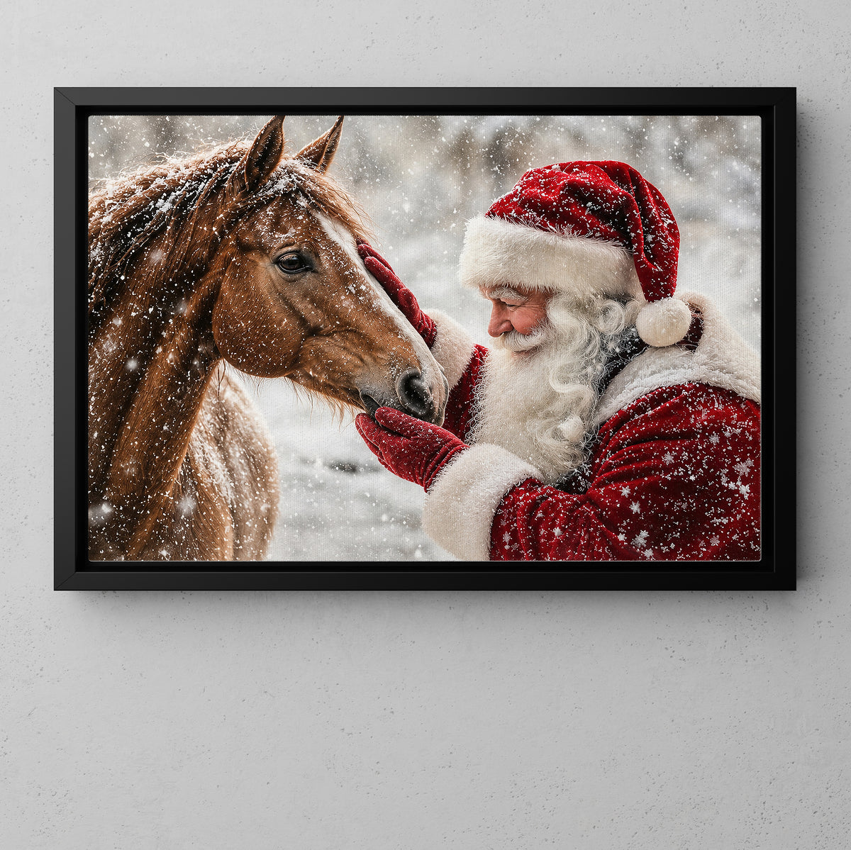Christmas Horse Canvas Painting, Santa Petting Horse Wall Art Decor, Xmas Poster Gift For Equestrian Horse Lovers