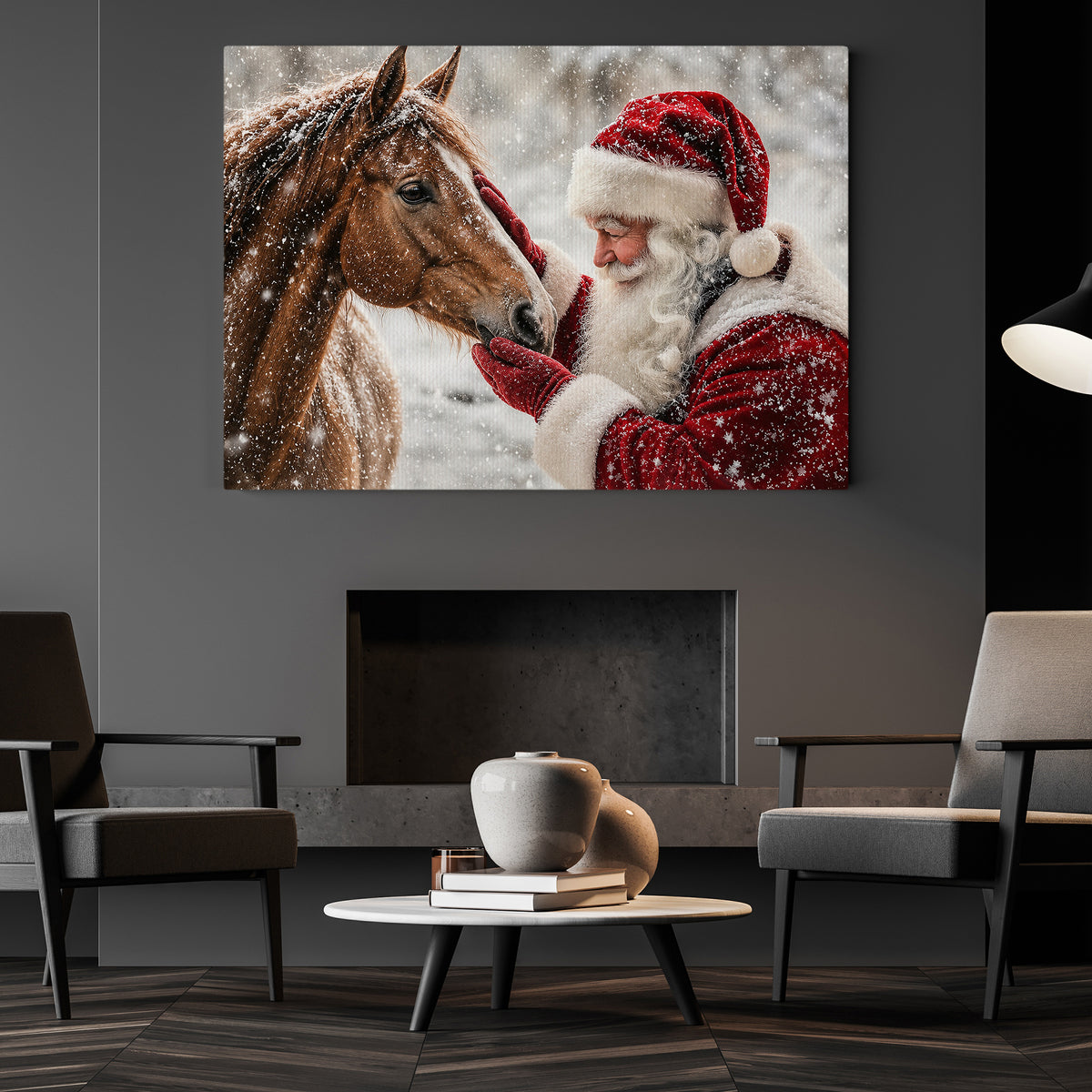 Christmas Horse Canvas Painting, Santa Petting Horse Wall Art Decor, Xmas Poster Gift For Equestrian Horse Lovers