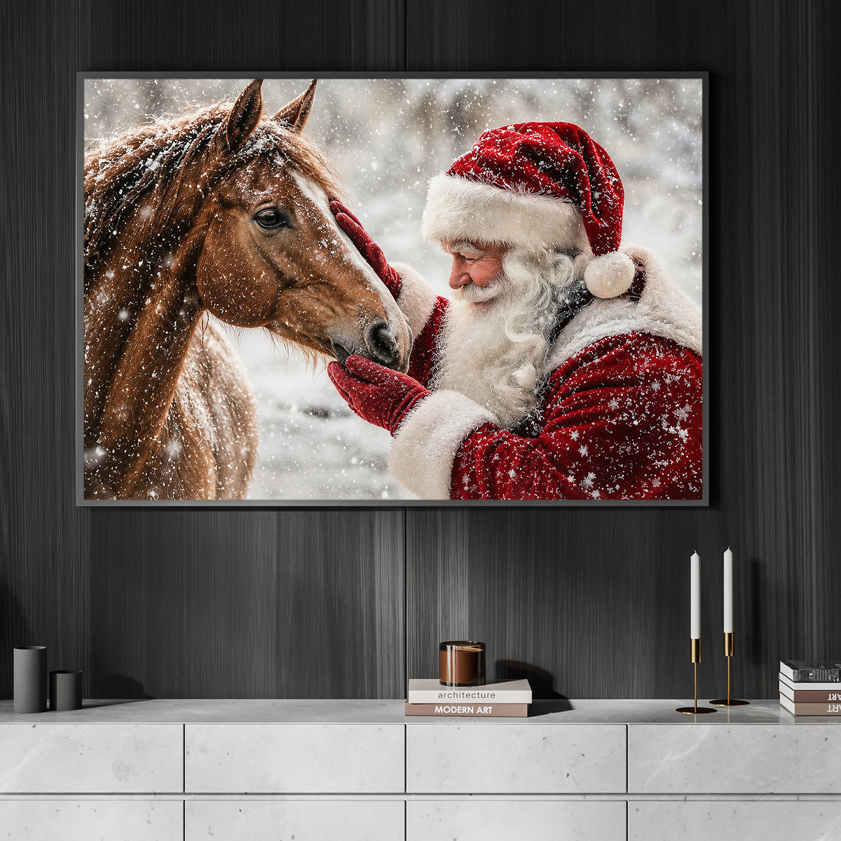 Christmas Horse Canvas Painting, Santa Petting Horse Wall Art Decor, Xmas Poster Gift For Equestrian Horse Lovers