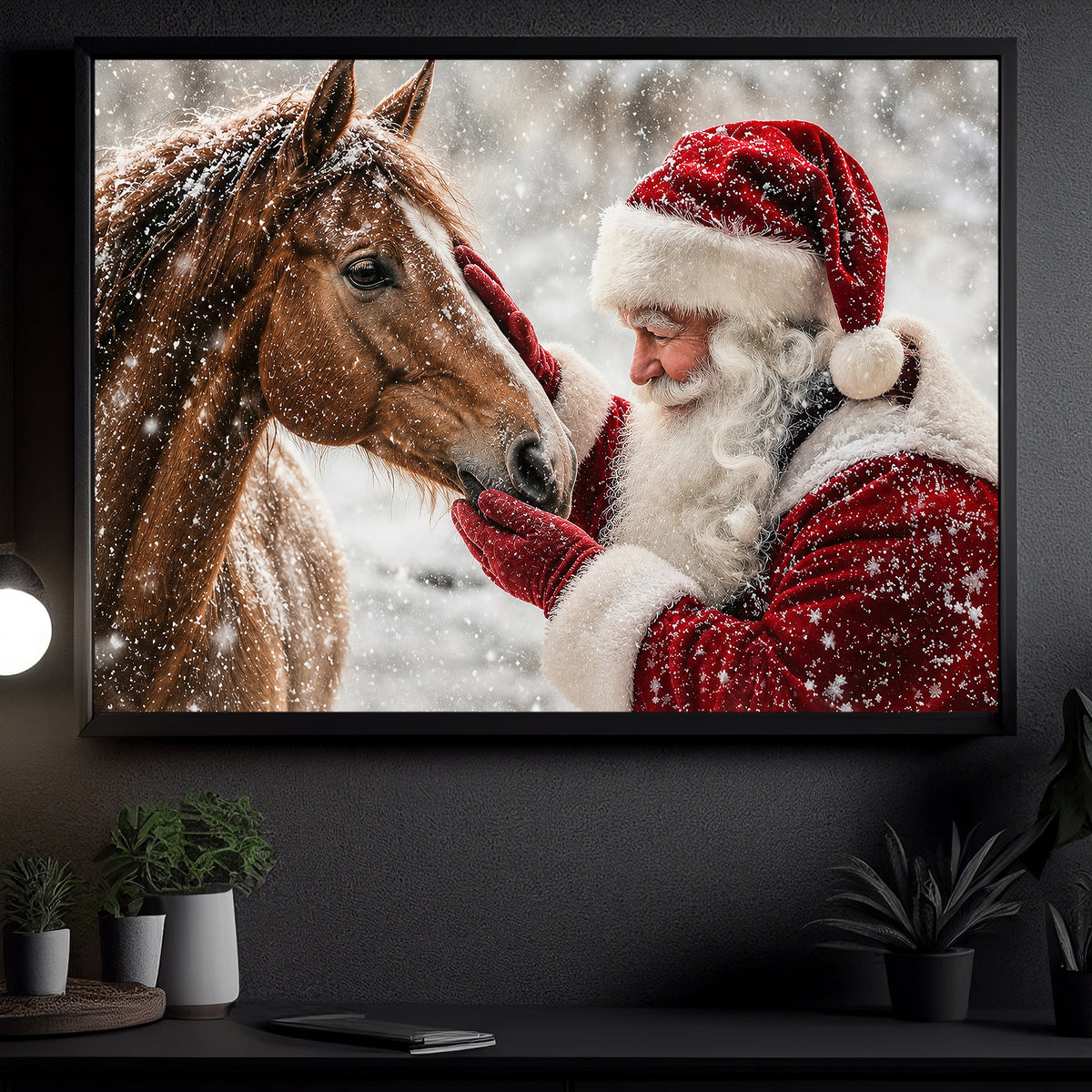 Christmas Horse Canvas Painting, Santa Petting Horse Wall Art Decor, Xmas Poster Gift For Equestrian Horse Lovers