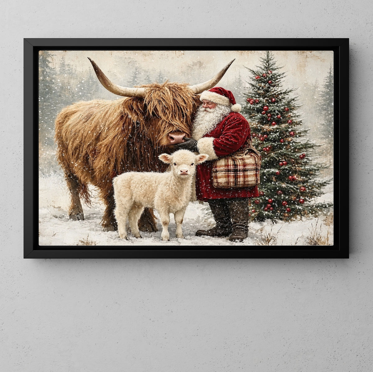 Christmas Highland Cow Canvas Painting, Santa Claus With Highland Cow And Baby Calf Wall Art Decor, Xmas Poster Gift For Highland Cow Lover