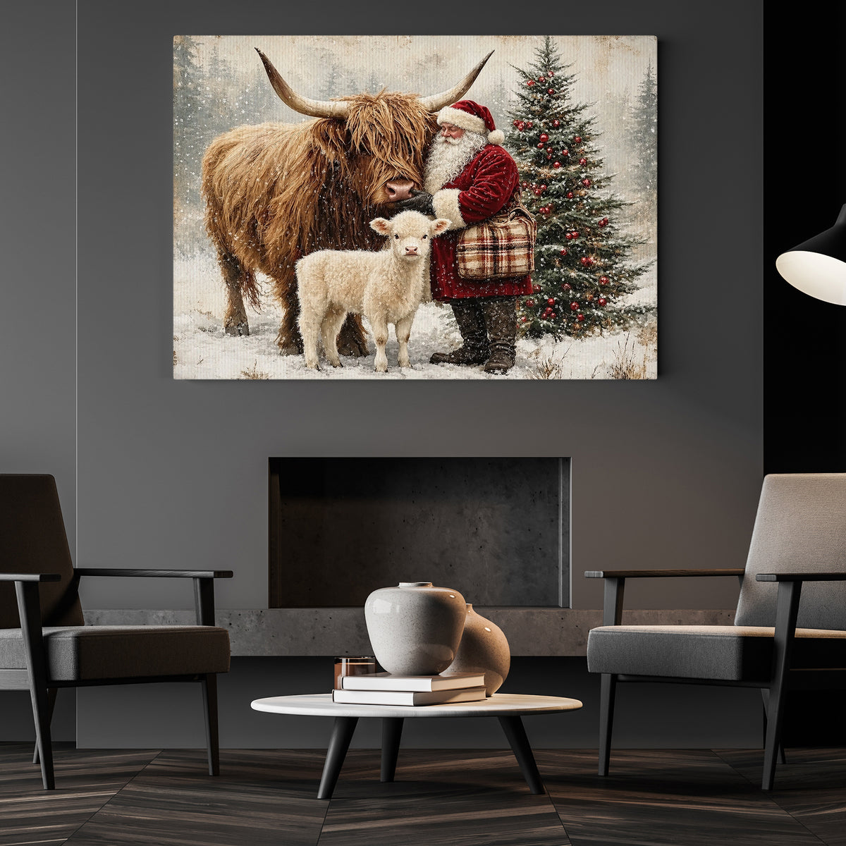 Christmas Highland Cow Canvas Painting, Santa Claus With Highland Cow And Baby Calf Wall Art Decor, Xmas Poster Gift For Highland Cow Lover