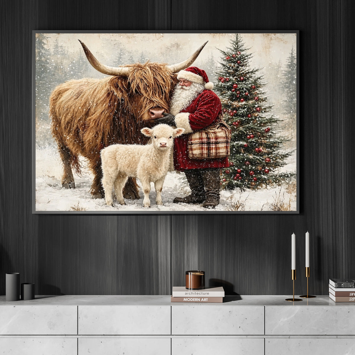 Christmas Highland Cow Canvas Painting, Santa Claus With Highland Cow And Baby Calf Wall Art Decor, Xmas Poster Gift For Highland Cow Lover