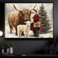 Christmas Highland Cow Canvas Painting, Santa Claus With Highland Cow And Baby Calf Wall Art Decor, Xmas Poster Gift For Highland Cow Lover
