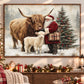 Christmas Highland Cow Canvas Painting, Santa Claus With Highland Cow And Baby Calf Wall Art Decor, Xmas Poster Gift For Highland Cow Lover