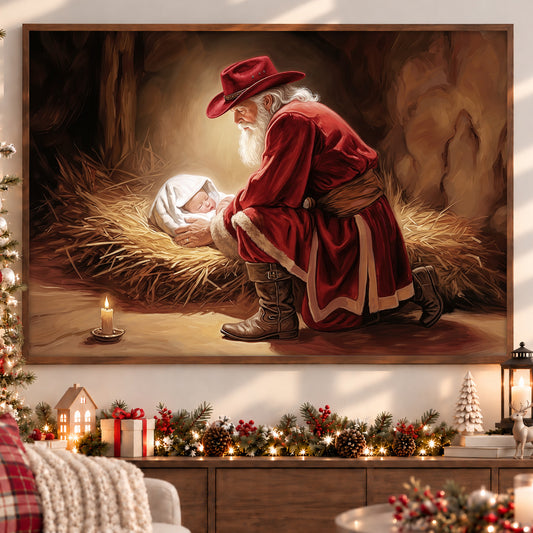Christmas Western Nativity Canvas Painting, Cowboy Santa Holding Baby Jesus In Manger Wall Art Decor, Xmas Poster Gift For Cowboys